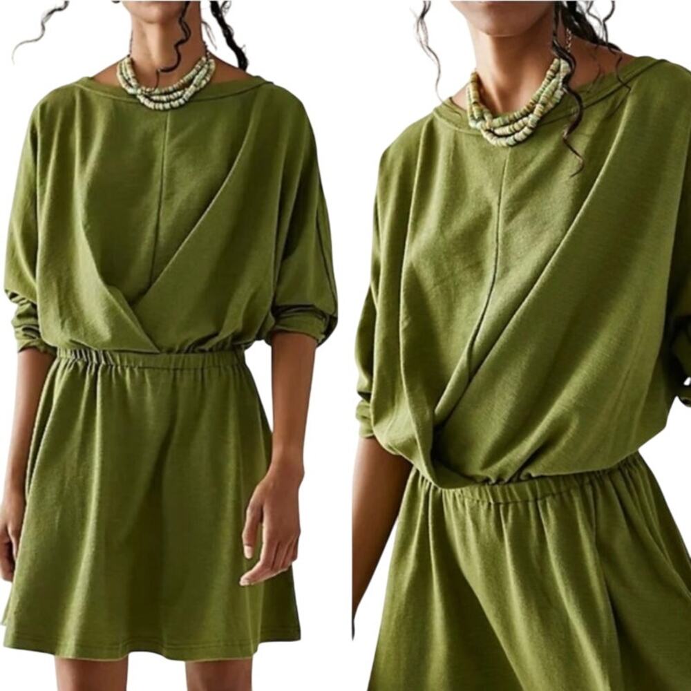 Free People Beach Santa Maria Mini Dress Dolman Sleeve Draped Fit & Flare Green